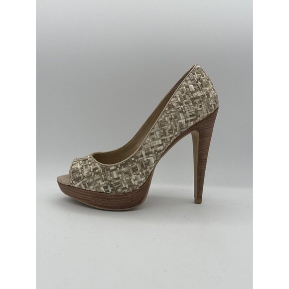 Levity Womens Peep Toe Platform Heels Size 7M Woven Texture Beige & Brown - Picture 2 of 7
